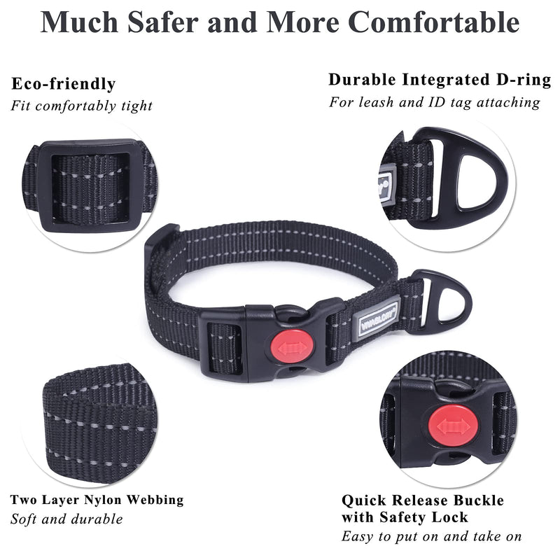 VIVAGLORY Reflective Nylon Dog Collar with Safety Locking Buckle, Adjustable Puppy Collar for Daily Walking Hunting and Training, Black XS: Neck 8 ½"-12", Width 3/4" - PawsPlanet Australia