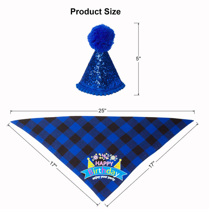 Dog Birthday Boy Bandana Hat Set, Dog Birthday Party Supplies, Plaid Birthday Dog Bandana and Cute Dog Birthday Hat for Small Medium Large Dogs (Blue) Blue - PawsPlanet Australia