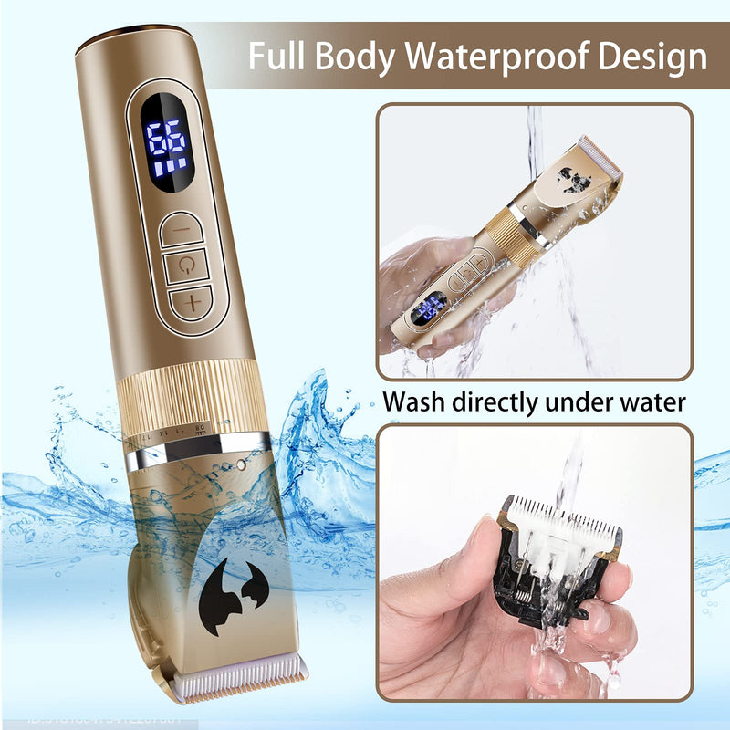 Aliopis Dog Clippers, Professional Waterproof Dog Clippers for Grooming Supplies Pet Large Small Dog Hair Trimmers 3-Speed USB Rechargeable Cordless Electrical Grooming Kit Shaver Clipper Low Noise Gold - PawsPlanet Australia