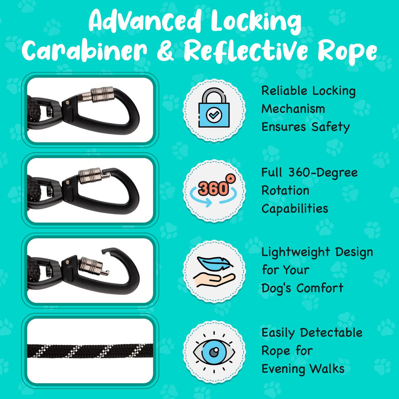 Roam Gear Extra Padded Double Handles, 6ft Long Heavy Duty Reflective Dog Leash with 360 Degree Spring-Loaded Carabiner Hook, Secure Silicone Clamps & O-Ring - Premium Dog Leash for Medium, Large Dogs Black - PawsPlanet Australia