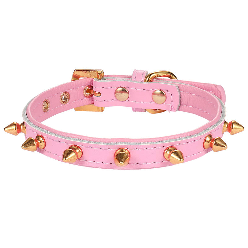 LOVPE Dog Collar/Cat Collar Golden Spiked Studded Double layer Leather Pet Collars with Golden Rhinestone Buckle for Puppy Cats Small Medium Dogs (S, Pink) S - PawsPlanet Australia