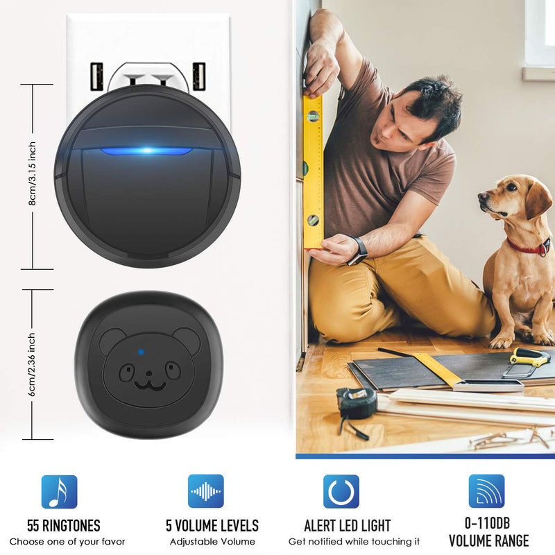 [Australia] - WENXUAN Dog Bells for Potty Training, Dog Training Bell for Door with 55 Ring Chime Waterproof Communication Wireless Doggy Doorbell with 1/2 Transmitters and 1 Whistle Black (1 Receiver 2 Transmitters) 