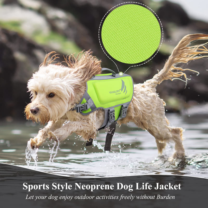 VIVAGLORY Neoprene Dog Life Jacket Reflective & Adjustable Life Vest with Superior Buoyancy and Rescue Handle for Swimming & Boating 19-22 inch (Ribcage Girth) Green - PawsPlanet Australia