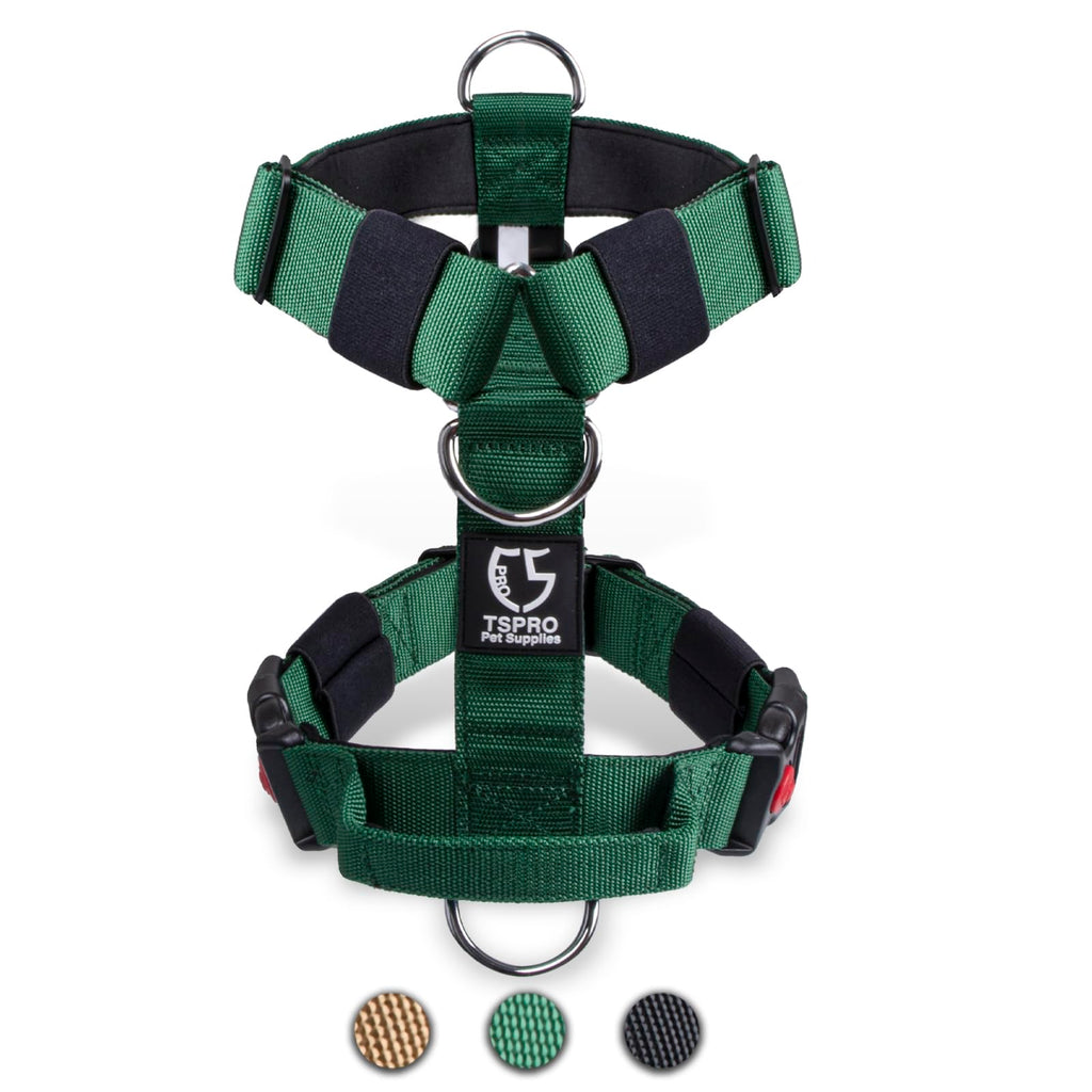 TSPRO Tactical Dog Harnesses with Handle, 1.5" Wide, Military Grade, Thick Padded and Durable, Quick Release Harness Buckle, Suitable for Medium to Large Dogs (Green-M) M-(Neck: 60-71cm, Chest: 59-80cm) Green - PawsPlanet Australia