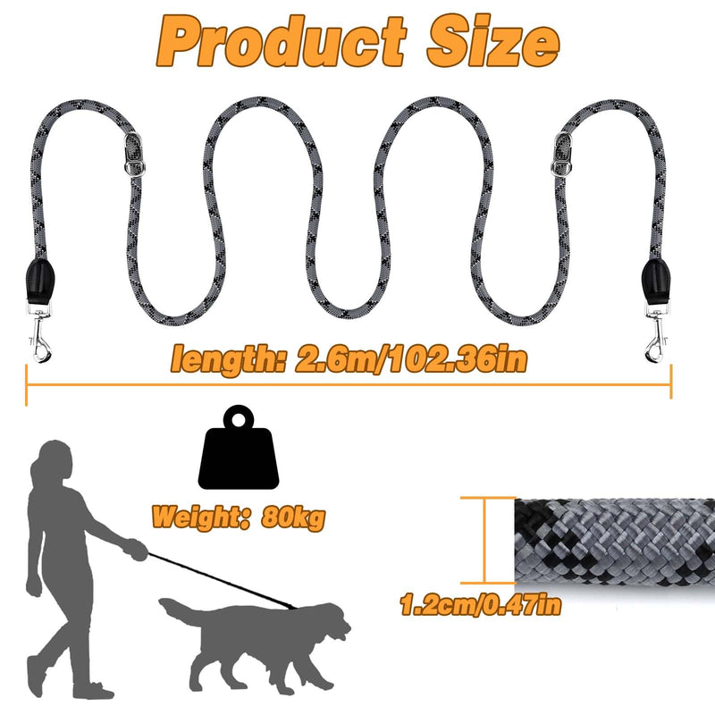 Dog leash with 2 carabiners, 2 rings, reflective, adjustable double leash, 2.6 m, multifunctional dog leash for large and medium-sized dogs - PawsPlanet Australia
