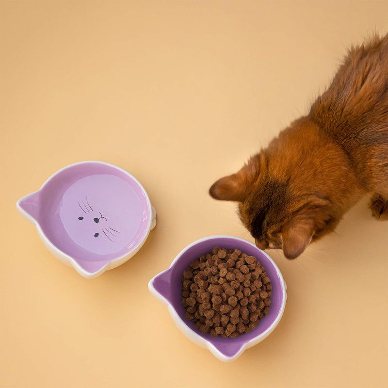 Navaris Cat Bowls with Ears - 2 Pack of Ceramic Cat Feeding Dishes with Anti Slip Silicone Feet - Purple Cat Shaped Food and Water Bowls Set Violet - PawsPlanet Australia