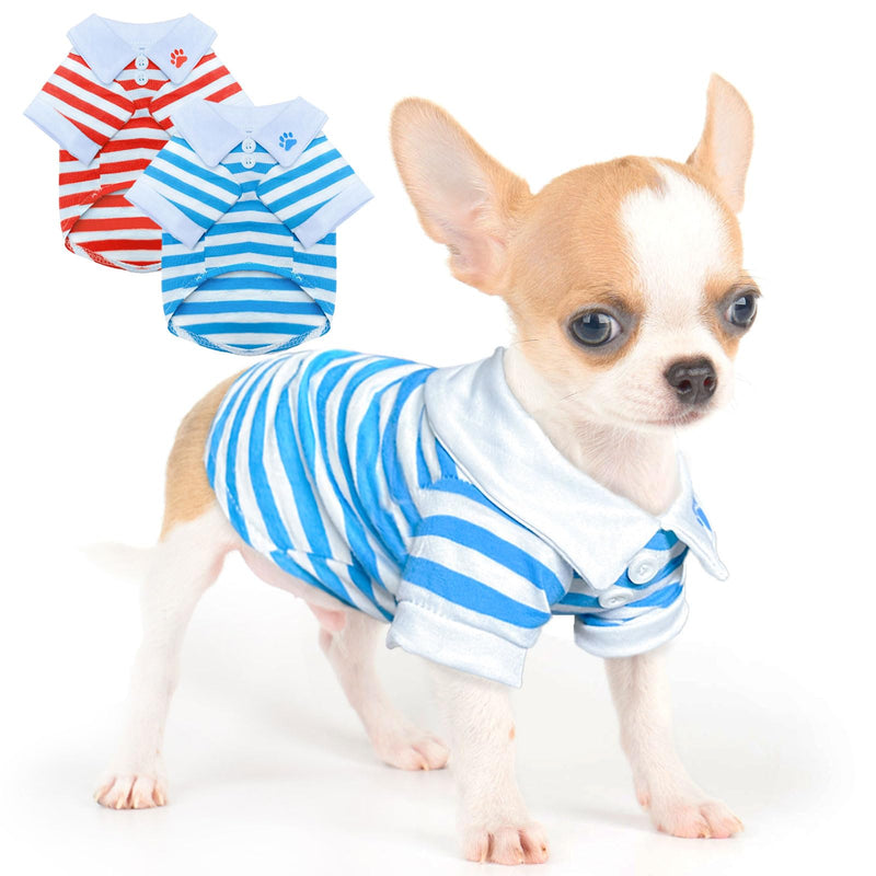 XXS Dog Clothes , 2 Pieces Chihuahua Clothes Striped Dog T-Shirt Yorkie Teacup Dog Clothes for Small Dogs Girl Puppy Clothes XX-Small Blue+ Red stripe - PawsPlanet Australia