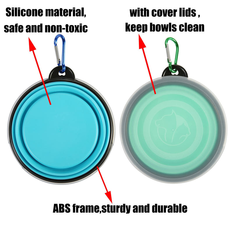 SLSON Collapsible Dog Bowls with Cover Lids,2 Pack Dog Travel Bowls Portable Foldable Cat Water Dish Bowl for Pets Walking Parking Camping,Light Blue and Green - PawsPlanet Australia