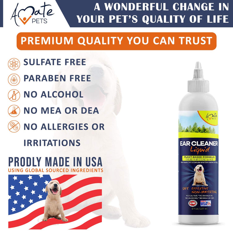 Ear Cleaner for Dogs | Pet Dirt & Earwax Cleanser Solution | Cleans Dog Ear Mites, Yeast and Itching | Alcohol-Free Plant Based Liquid Formula by Amate Pets (8 fl Oz, 237ml) - PawsPlanet Australia