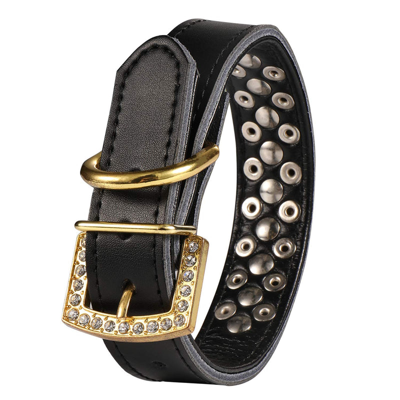 LOVPE Dog Collar,Luxury Gold Rhinestones Buckle Adjustable Personalized Golden Spikes Studded+Soft Leather Collar for Small Medium Large Dogs Breeds Pit Bull (S (Neck for 11-13 inch), Black) S (Neck for 11-13 inch) - PawsPlanet Australia