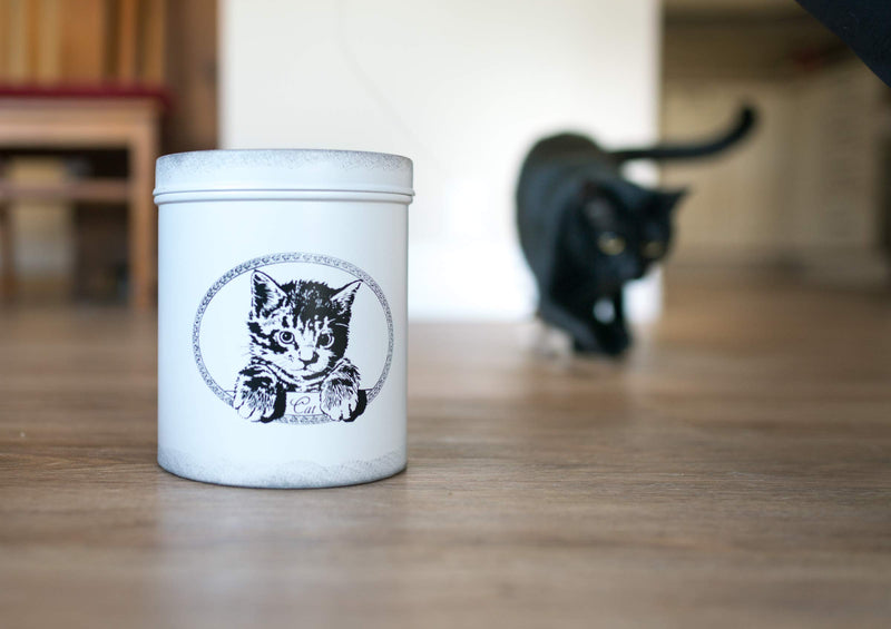 [Australia] - The PetSteel | Antique White Treat Jar | | Sturdy Cat Treat Jar with Cute Cat Design | Tight Fitting Lids | Pet Food Container | Fit's Up to 2lbs of Treats 