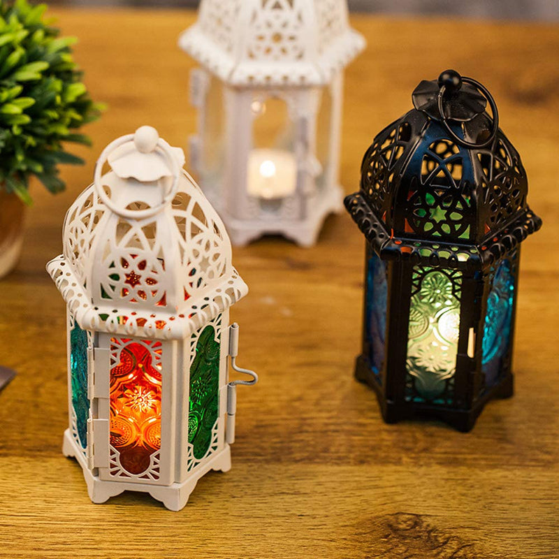 NUPTIO 2 Pcs Moroccan Style Candle Lantern - Small Sized Tealight Candle Holder with Transparent Glass Panels Great for Patio, Indoors/Outdoors, Events, Parties and Weddings, White 2 Pcs Small Size - PawsPlanet Australia