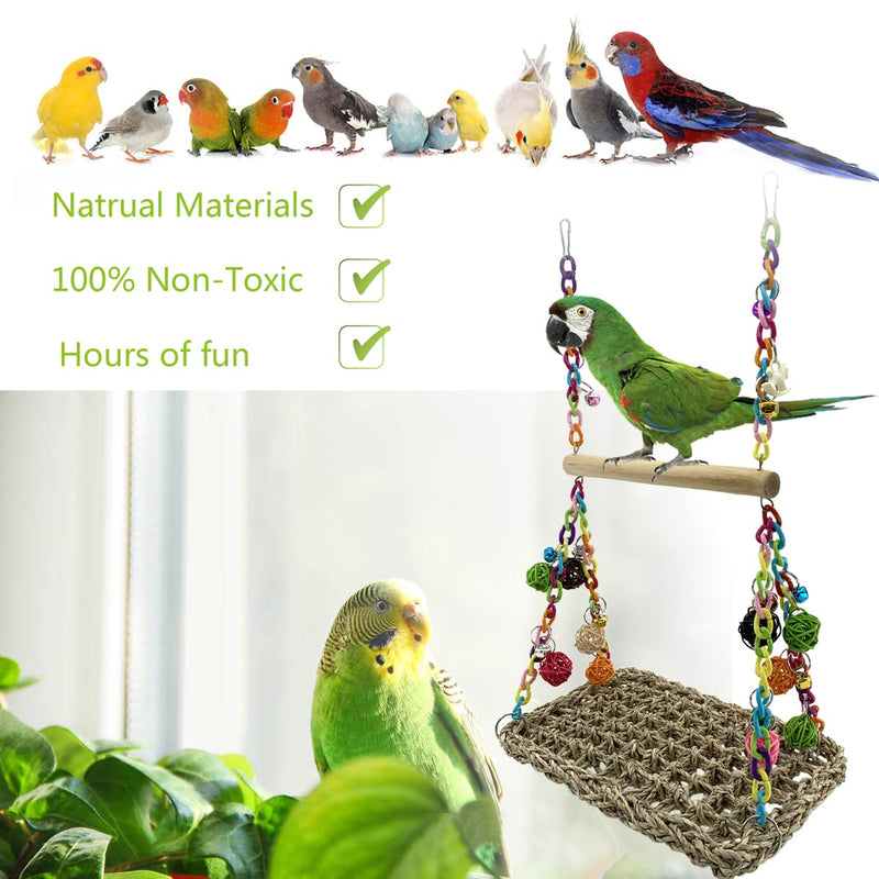 Vehomy Bird Seagrass Swing Toys with Wood Perch Bird Parrot Trapeze Swing Seagrass Bird Climbing Hammock Bird Perch Stand Chewing Toy for Lovebird, Cockatiel, Budgie, Conure Parrotlet, Parakeets - PawsPlanet Australia