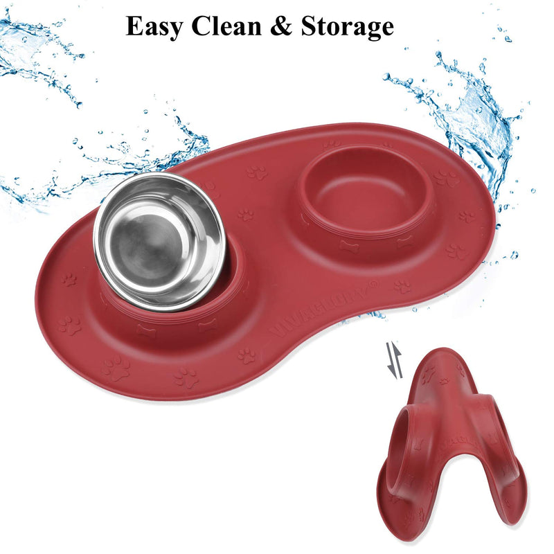 Vivaglory Dog Bowls Set with Double Stainless Steel Feeder Bowls and Wider Non Skid Spill Proof Silicone Mat for Cats Puppies Dogs 6½ oz ea. Burgundy - PawsPlanet Australia