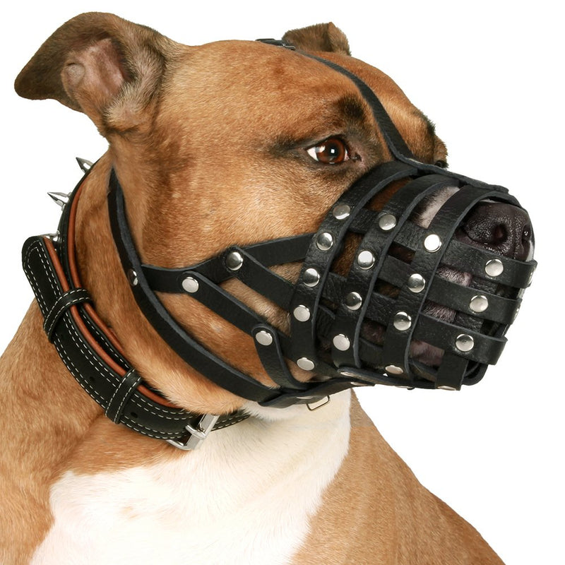 [Australia] - CollarDirect Pitbull Dog Muzzle Leather Amstaff Muzzles Staffordshire Terrier Secure Basket Black 