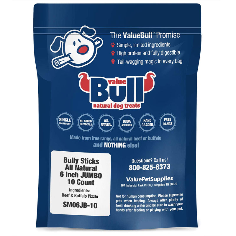 [Australia] - ValueBull Bully Sticks for Dogs, Jumbo 6 Inch, 10 Count - All Natural Dog Treats, 100% Beef Pizzle, Single Ingredient Rawhide Alternative, Free Range, Grass Fed, Fully Digestible 