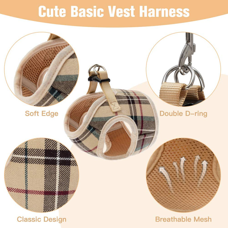 Soft Mesh Small Dog Harness with Leash - Basic Plaid Padded Chest Vest for Kitties,Puppy,Small Pets S Cream - PawsPlanet Australia