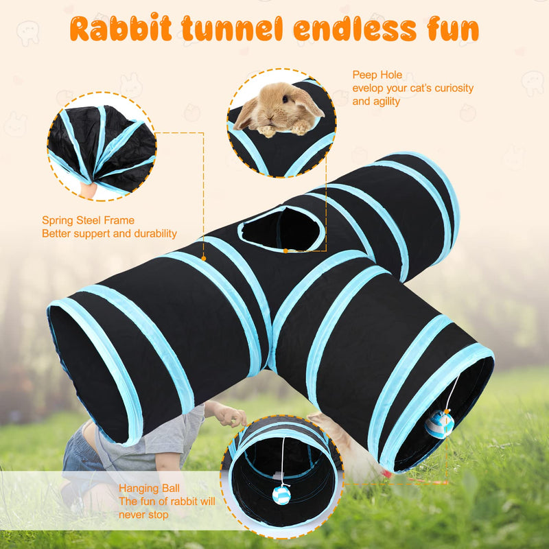 HYLYUN Rabbit Cat Tunnels & Tubes Collapsible, 3 Way Rabbit Tunnels and Hides Toys, Portable Bunny Hideout Small Animal Activity Pet Toys Tunnel for Cat Bunny Guinea Pigs Kitten + Toy Ball Blue black - PawsPlanet Australia