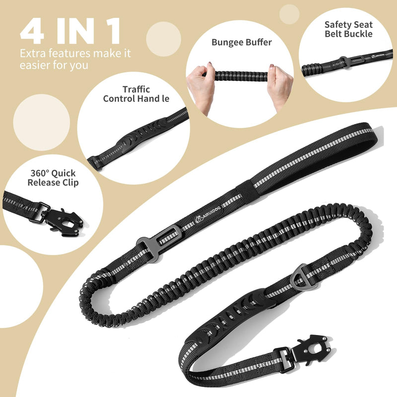 AIRUIDOG Heavy Duty Tactical Bungee Dog Leash, 4-6FT Shock Absorbing Tactical Dog Leash with 2 Padded Handles, Metal Carabiner Clip,Car Seatbelt, Reflective Dog Leash for Medium Large Dogs (Black) Black - PawsPlanet Australia