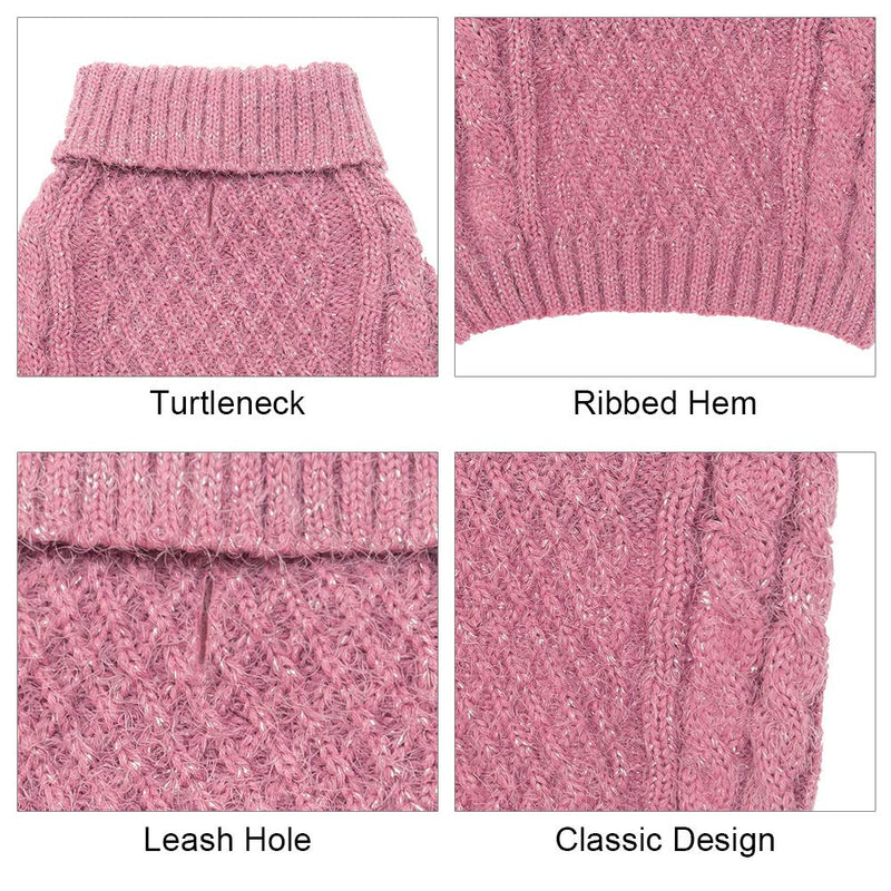 SCIROKKO Turtleneck Dog Sweater - Classic Cable Knit Winter Coat - Feather Yarn Glittered with Silver Wire - Keep Warm for Doggies Puppy XS - neck 9-10", chest 15-16" Pink - PawsPlanet Australia