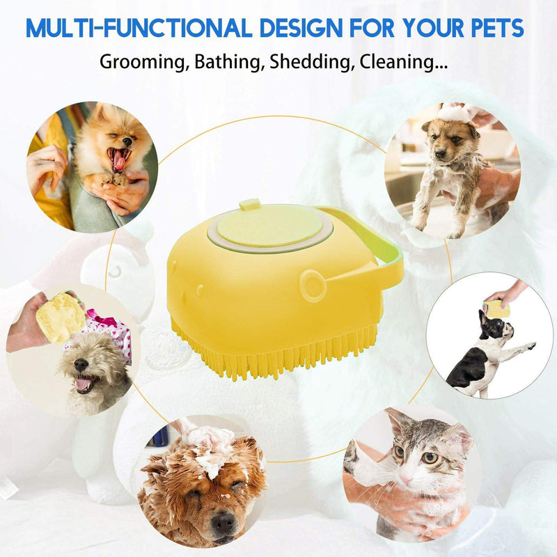 Liseng Dog Silicone Rubber Bathing Brush Pet Massage Shampoo Dispenser Brushes for Dogs and Cats Shower Grooming - Yellow - PawsPlanet Australia