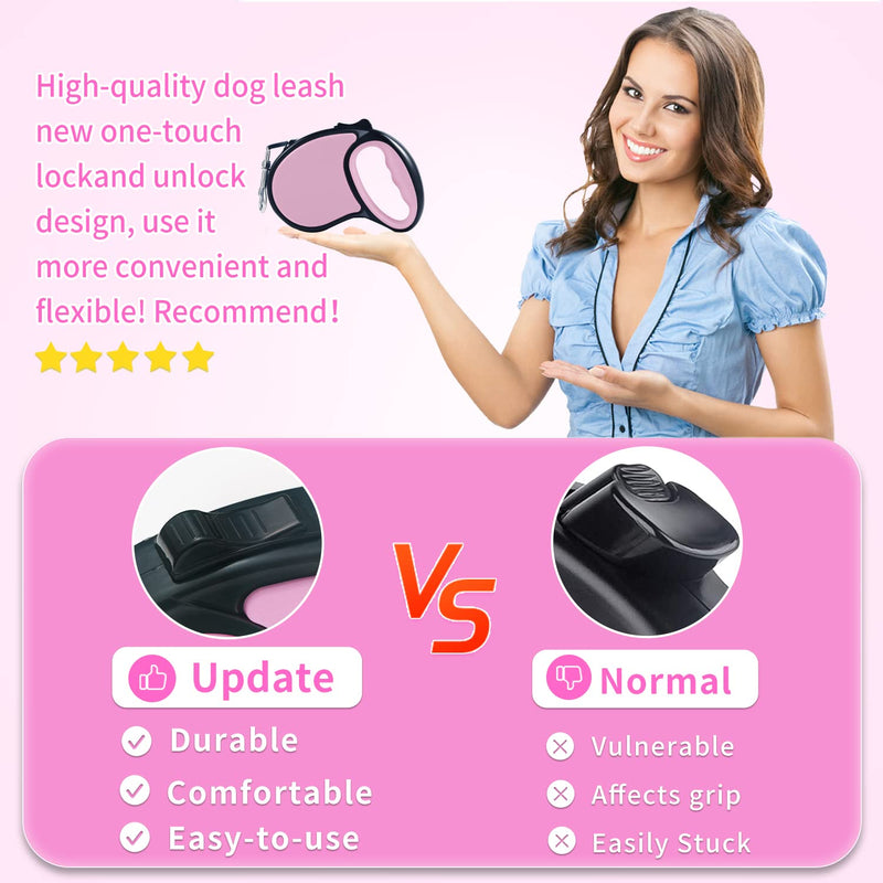 Retractable Dog Lead, ANCOOLE 5M/16FT Extendable Dog Lead 360°Tangle-Free Smooth&Durable Nylon Tape with Anti-Slip Handle, One-Handed Brake for Small Medium Dogs(Pink) Pink - PawsPlanet Australia
