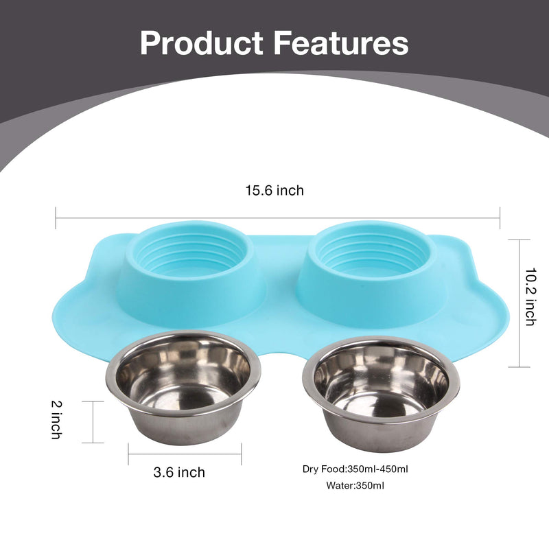 [Australia] - Pet Food and Water Bowls with 2 Stainless Steel Bowl & No Spill Non-Skid Silicone Mat Dog Double Feeding Bowl (350ml x 2) Blue 