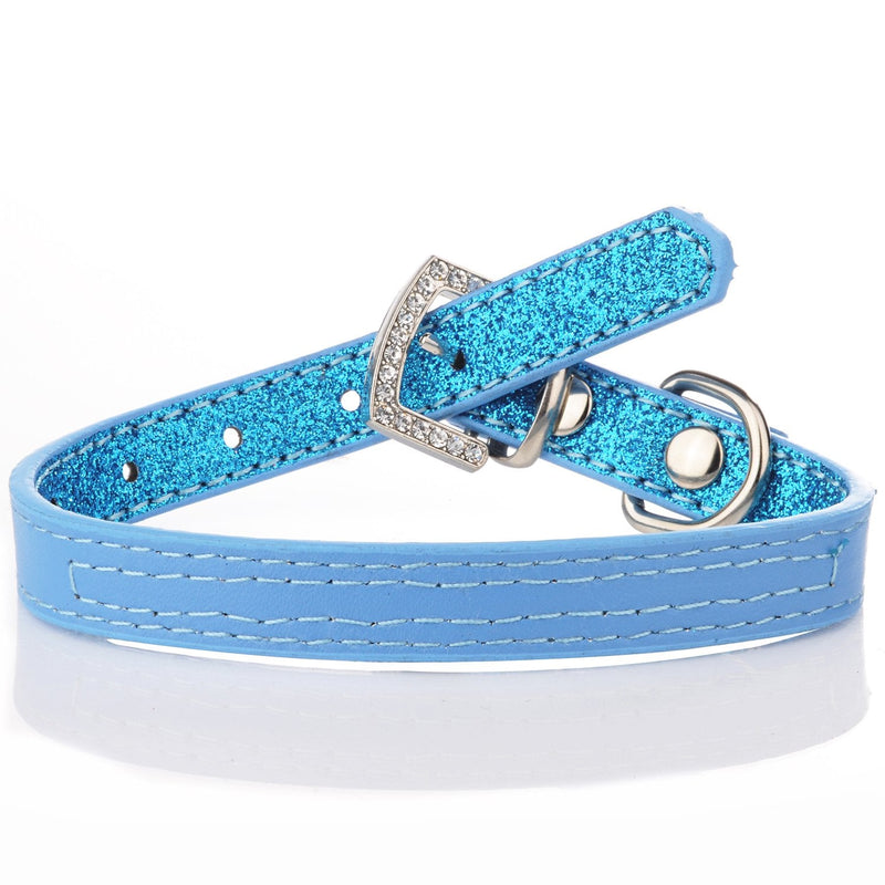 LOVPE,Dog Collar,Glitter Powder Leather+Bling Crystal Pet Collar, [Adjustable Collars for Dogs] Neck 8~11 inch (XS, Blue) XS - PawsPlanet Australia