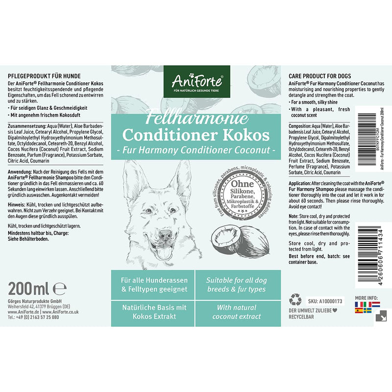 AniForte Fellharmonie Conditioner for Dogs 200ml - Conditioner for dogs with coconut oil & aloe vera, for long hair & short hair, natural ingredients, without perfume - PawsPlanet Australia