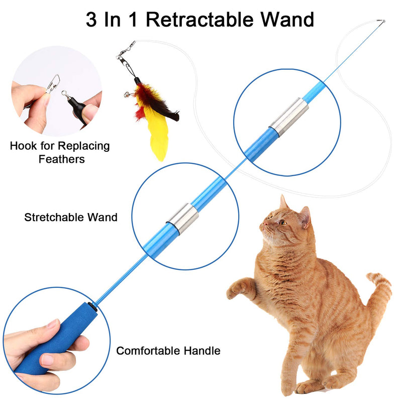 PETTOM Cat Toys Interactive Cat Feather Wand, Kitten Toys 2pcs Retractable Cat Wand Toy & 8pcs Natural Feather Teaser Replacements with Bell, Telescopic for Indoor Kitty Old Cat Exercise - PawsPlanet Australia