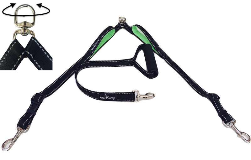 [Australia] - Vaun Duffy Double Dog Leash Coupler with Two Dual Padded Handles - No Tangle Large Splitter Swivel, Reflective Stitching, 1 Inch Wide and Adjustable 18-24 Inch - 2 Ft Detachable Traffic Lead for Dogs 