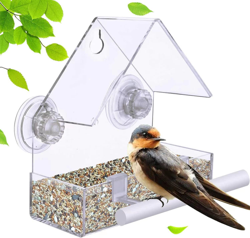 Extra Strong Suction Sups Window Bird Feeder. with Drainage Holes. Windowsill Birdfeeders for Small Birds only. LIANGPIN Acrylic Clear House Shape Design - PawsPlanet Australia