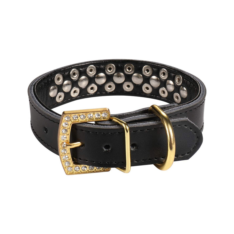 LOVPE Dog Collar,Luxury Gold Rhinestones Buckle Adjustable Personalized Golden Spikes Studded+Soft Leather Collar for Small Medium Large Dogs Breeds Pit Bull (S (Neck for 11-13 inch), Black) S (Neck for 11-13 inch) - PawsPlanet Australia