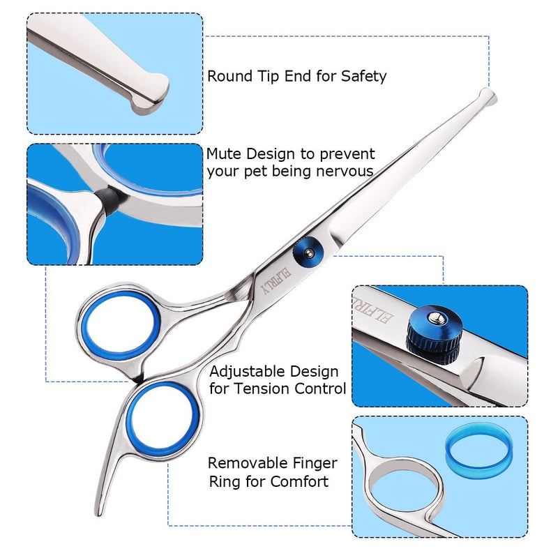 [Australia] - Elfirly Professional Dog Grooming Scissors Kit Stainless Steel Round Tip Cutting Curved Scissors Thinning Shears Grooming Comb Pet Hair Trimming Scissors with Extra Dog Nail Clippers for Dogs and Cats 