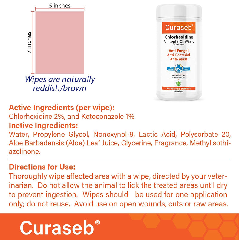 Curaseb Chlorhexidine XL Wipes for Dogs & Cats, Relieves Skin Infections, Hot Spots & Allergies, Veterinary Strength, 60 XL Wipes - PawsPlanet Australia