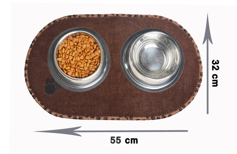 [Australia] - SINLAND Microfiber Pet Bowl Mat Dish Drying Mat with Anti-Skid Backing 12.5 Inch x 21.5 Inch Brown Oval 