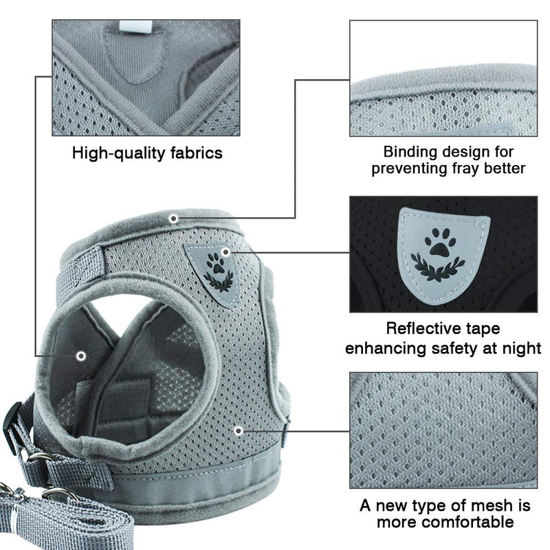 FREESOO Puppy Harness and Lead Sets Small Dog Cat Pet Breathable Mesh Chest Strap for Outdoor Training Walking XS Grey/Polyester - PawsPlanet Australia