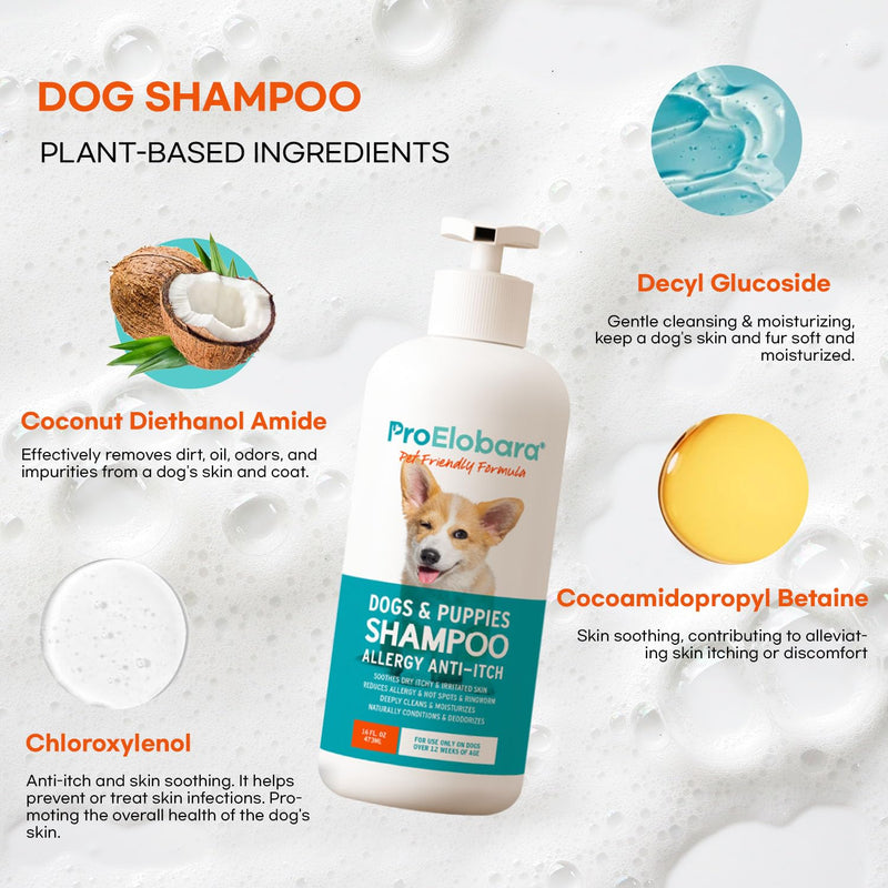 ProElobara Dog Shampoo Allergy Itch: Effective Deodorizing Dog Shampoo for Smelly Dogs Anti Itch Shampoo - Soothes Dry Itchy Irritated Skin Reduces Hot Spots Helps Shedding 16.9fl.oz/500ml - PawsPlanet Australia