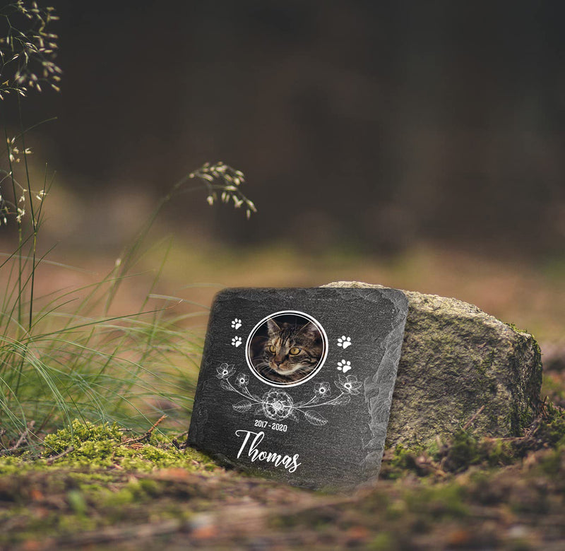 TULLUN Personalised Memorial Small Plaque For Pet Cat Dog Slate Stone Frame Paw Grave Marker - Size | 4" x 4" or 100 x 100 mm | - Floral - PawsPlanet Australia