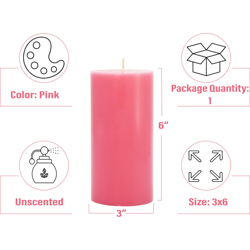 CandleNScent 3x6 Pink Pillar Candles Hand Poured Unscented (Pack of 1) - PawsPlanet Australia