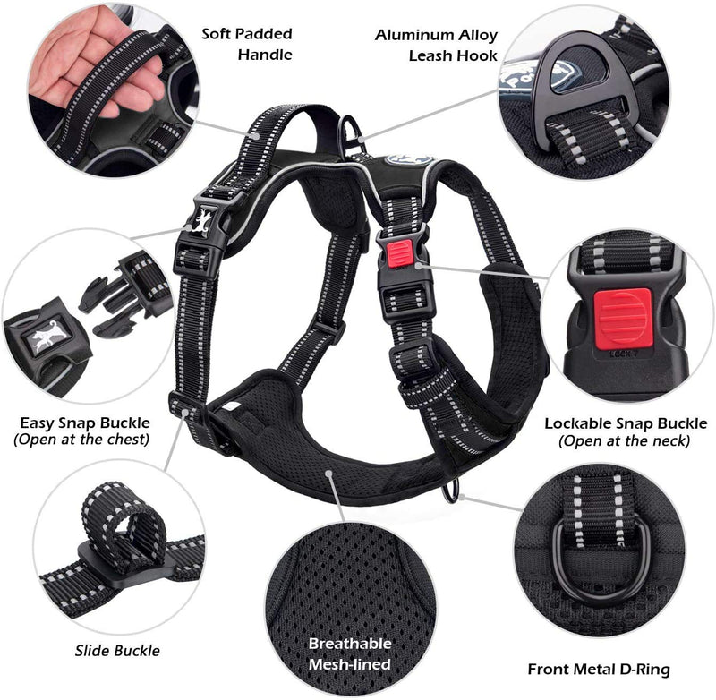 PoyPet No Pull Dog Harness, No Choke Front Lead Dog Reflective Harness, Adjustable Soft Padded Pet Vest with Easy Control Handle for Small to Large Dogs XS Black - PawsPlanet Australia