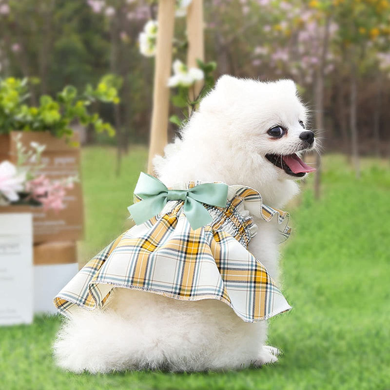 Pet Cute Lattice Bow Small Dog Dress for Girl Boy Doggy Cats Rabbit Fancy Tutu Adorable Princess Petite Vest Doggie Bowknot Dresses for Dogs Pomeranian Chihuahua Skirt Puppy Supplies(Green&Yellow, M) - PawsPlanet Australia