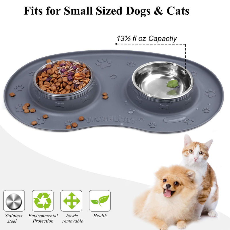 [Australia] - Vivaglory Dog Bowls Set with Double Stainless Steel Feeder Bowls and Wider Non Skid Spill Proof Silicone Mat for Cats Puppies Dogs 13½ oz ea. Grey 