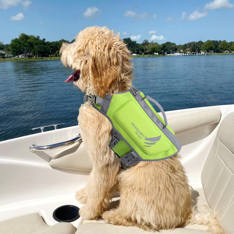 VIVAGLORY Neoprene Dog Life Jacket Reflective & Adjustable Life Vest with Superior Buoyancy and Rescue Handle for Swimming & Boating 19-22 inch (Ribcage Girth) Green - PawsPlanet Australia