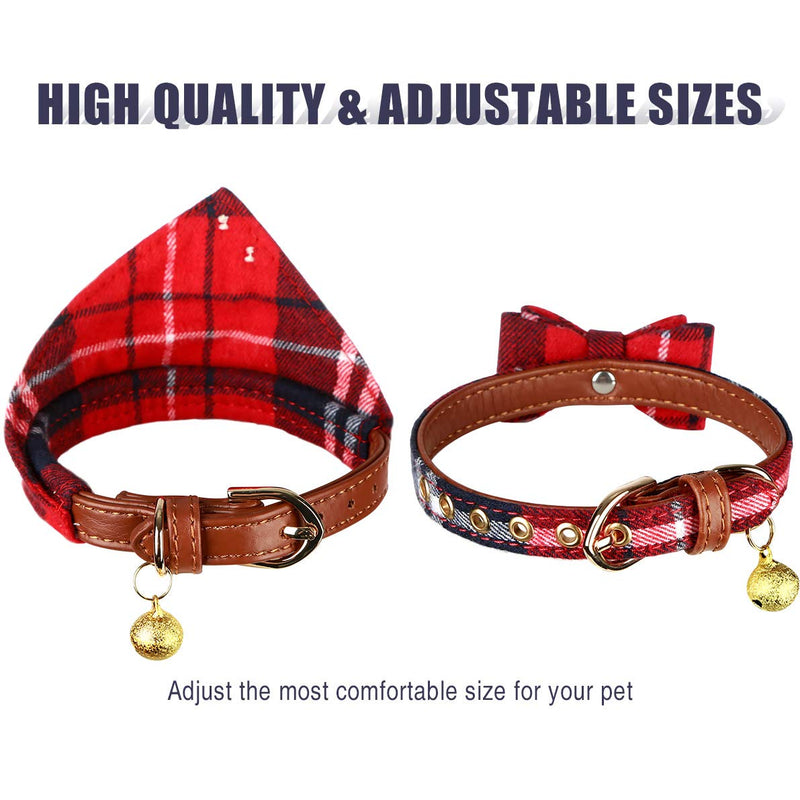 [Australia] - Bow Tie Dog Collar and Leash Set 3 PCS Cute Red Classic Plaid Adjustable Pet Puppy Collars Bandana with Bell for Small Medium Dogs and Cats Outdoor 