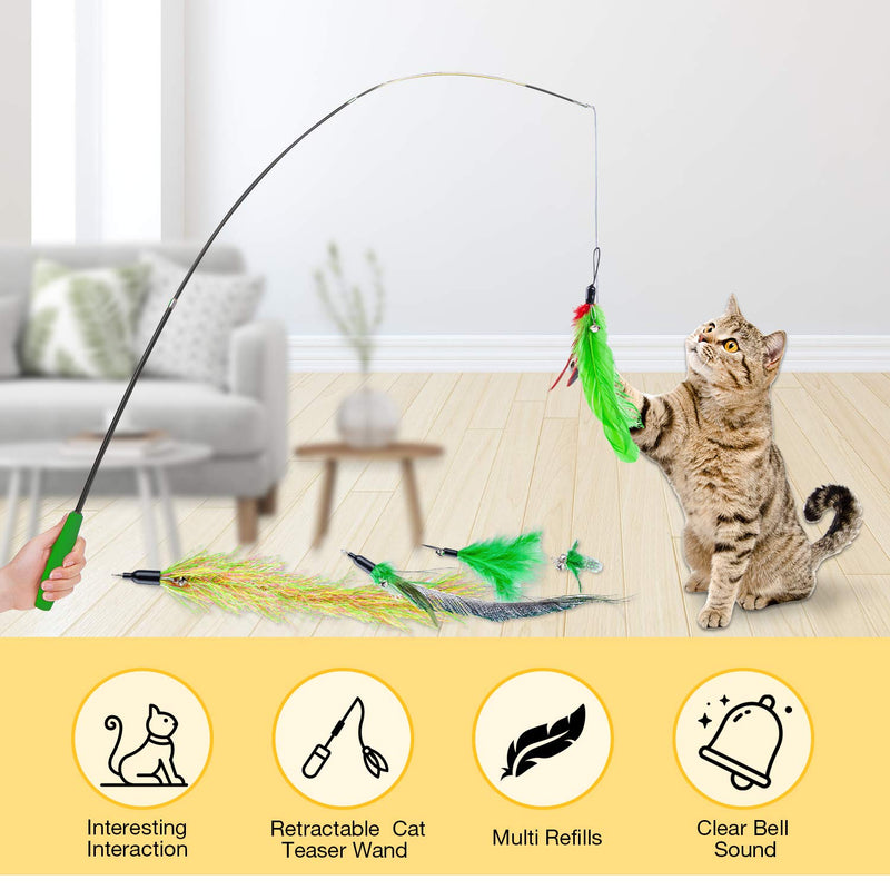 7pcs Cat Fishing Pole Feather Toy Set - Retractable Cat Teaser Wand with 5 Cat Feather Toys for Indoor Cats, Electric Flopping Fish Cat Toy with Catnip Funny Interactive Cat Toys, Gift for Pets Green - PawsPlanet Australia