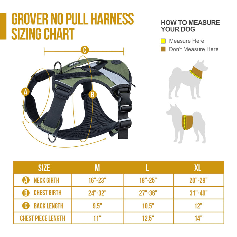 OneTigris Grover Tactical No Pull Dog Harness for Large/Medium Dogs Adjustable Chest Harness Dog 1 Handles Dog Vest with Poop Bag Pocket, Reflective Strips M (Neck: 40-58cm, Chest: 60-81cm) Green - PawsPlanet Australia