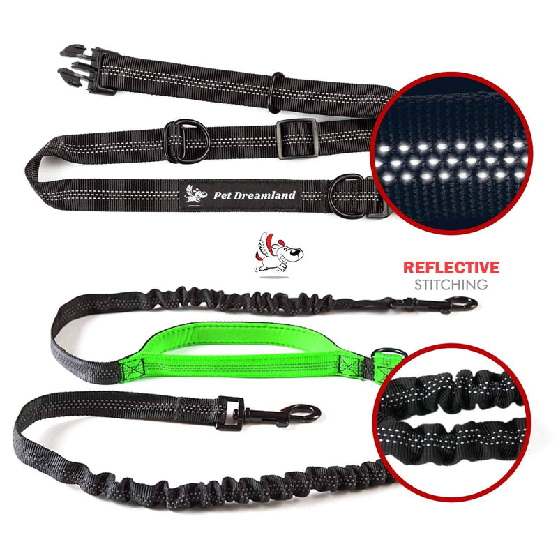 Hands Free Dog Leash for Running | Waist Leash for Walking, Hiking, Cycling and Training w. Adjustable Belt and Retractable Bungee Leash for Medium and Large Pet | Professional Lead Walker Harness Black & Green Large Dog (35-150 lbs | Short Version) - PawsPlanet Australia