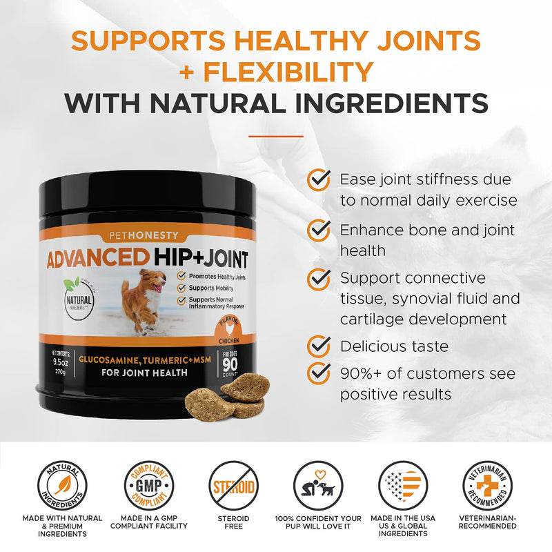 PetHonesty Advanced Hip & Joint - Dog Joint Supplement Support for Dogs with Glucosamine Chondroitin, MSM, Turmeric - Glucosamine for Dogs Soft Chews - Pet Joint Support and Mobility - 90 ct Chicken Single - PawsPlanet Australia