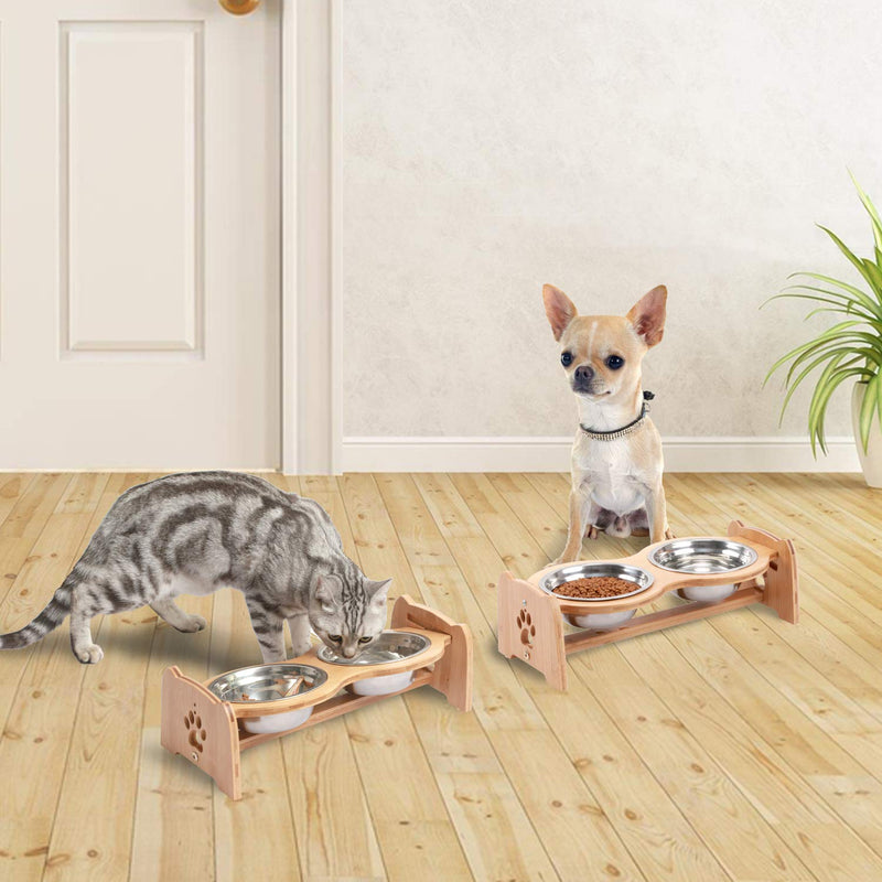 [Australia] - X-ZONE PET Raised Pet Bowls for Cats and Dogs, Adjustable Bamboo Elevated Dog Cat Food and Water Bowls Stand Feeder with 2 Stainless Steel Bowls and Anti Slip Feet Adjustable Height 4"to 4.5" 